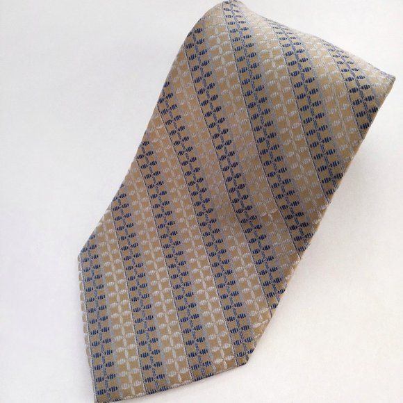 Vintage Tan Metallic Geometric Striped Silk Neck Tie 4 x 60 - Picture 1 of 9